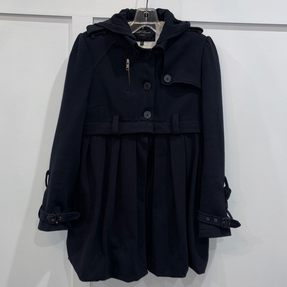 AllSaints Black Hooded Pleated Trench Coat